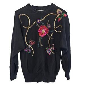 Vintage 90s Sweater Womens Med Sequins Black Floral Glam Rock Knit Embellished